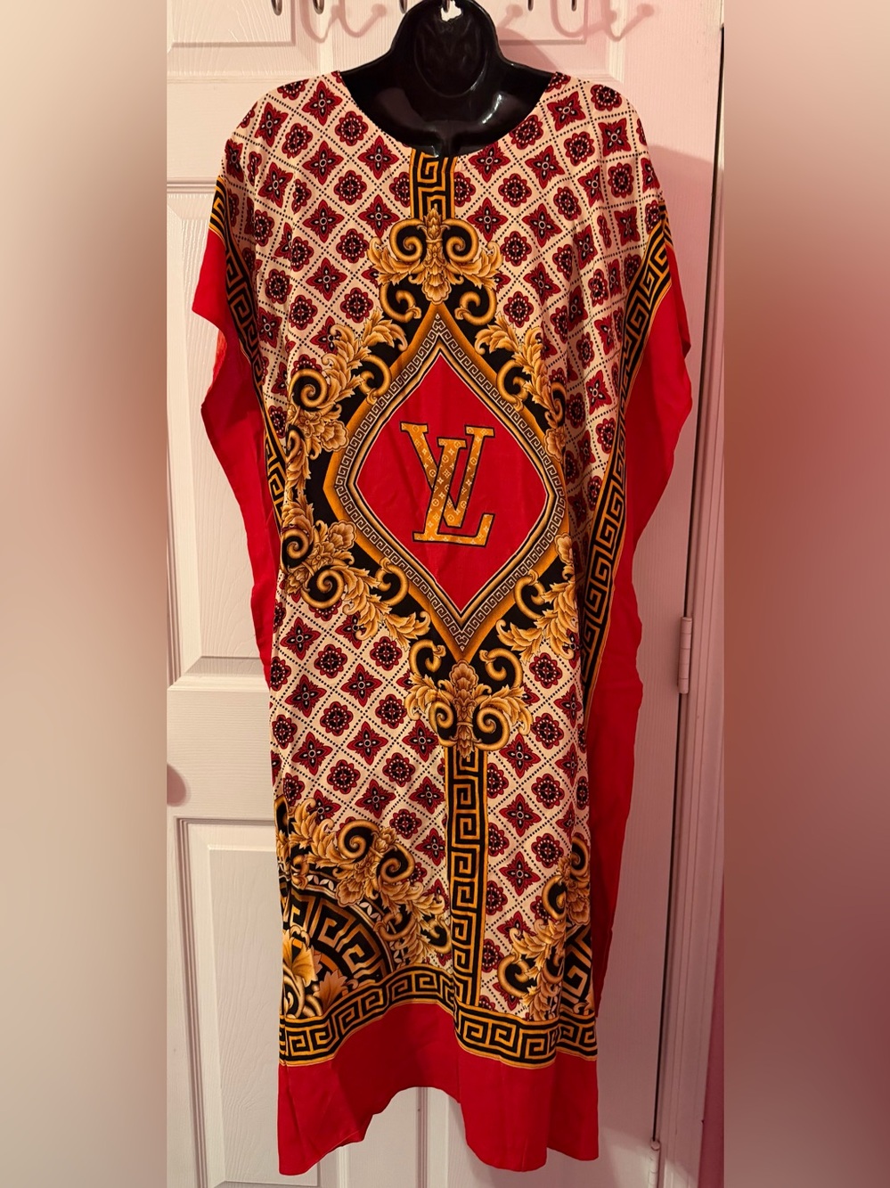 NWOT Red & Gold Baroque Logo Scarf Kaftan